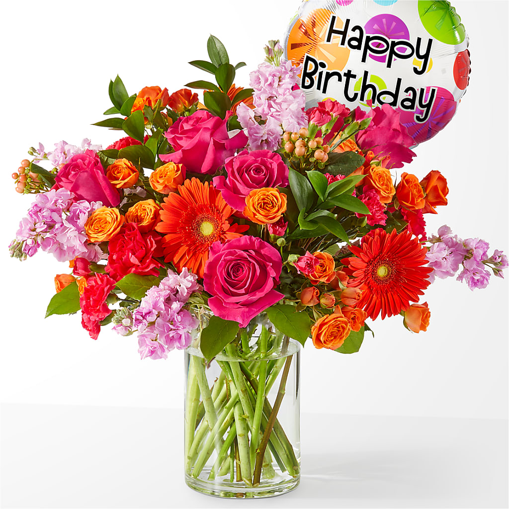 Fiesta Bouquet with Birthday Balloon – Peonies Plants On Main, Woodruff SC