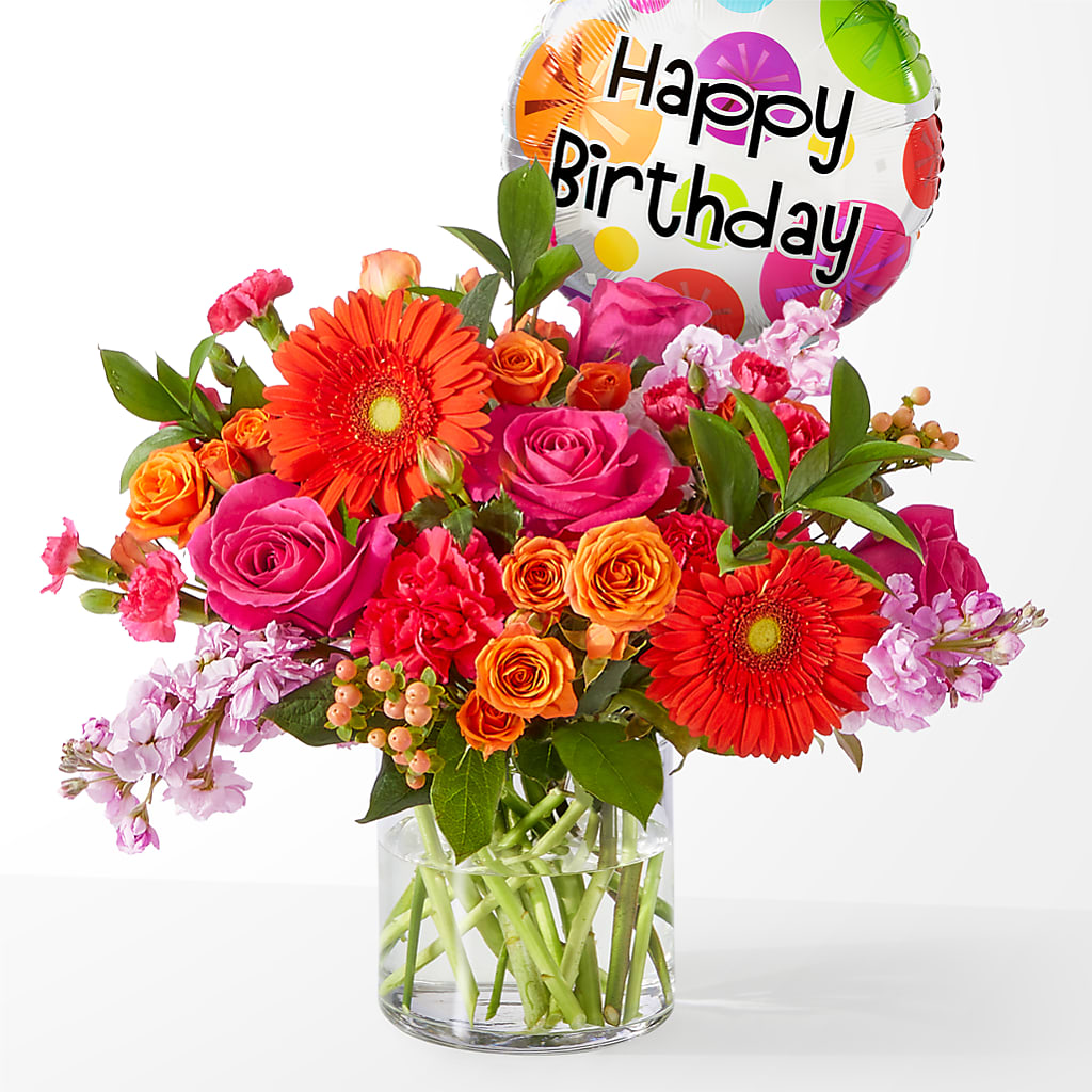 Fiesta Bouquet with Birthday Balloon – Peonies Plants On Main, Woodruff SC