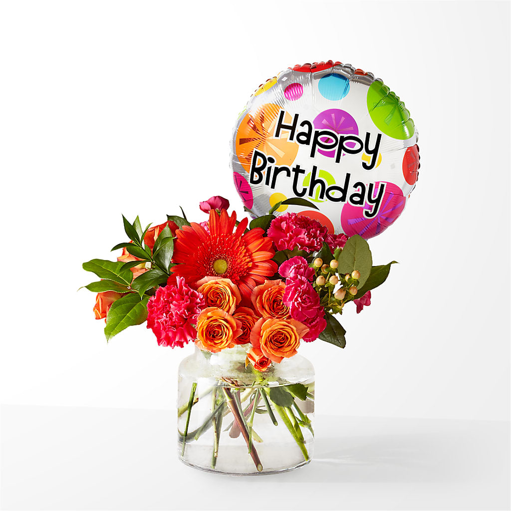 Fiesta Bouquet with Birthday Balloon – Peonies Plants On Main, Woodruff SC