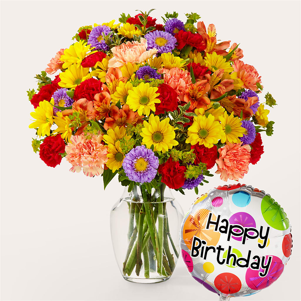 Kaleidoscope Bouquet with Birthday Balloon – Peonies Plants On Main, Woodruff SC