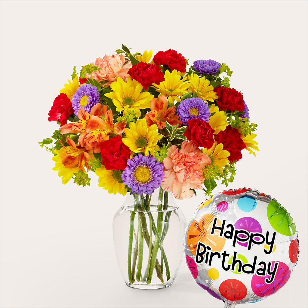 Kaleidoscope Bouquet with Birthday Balloon – Peonies Plants On Main, Woodruff SC