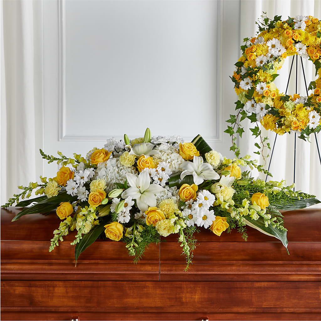 Golden Harmony Casket Spray – Peonies Plants On Main, Woodruff SC
