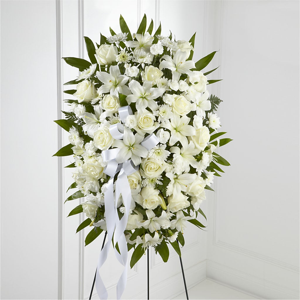 Exquisite Tribute Standing Spray-White Ribbon – Peonies Plants On Main, Woodruff SC
