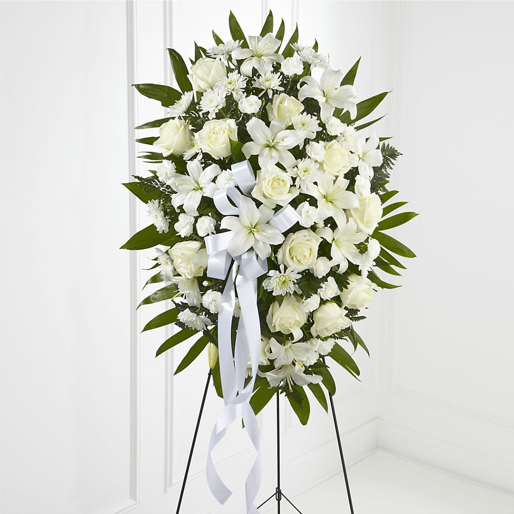 Exquisite Tribute Standing Spray-White Ribbon – Peonies Plants On Main, Woodruff SC