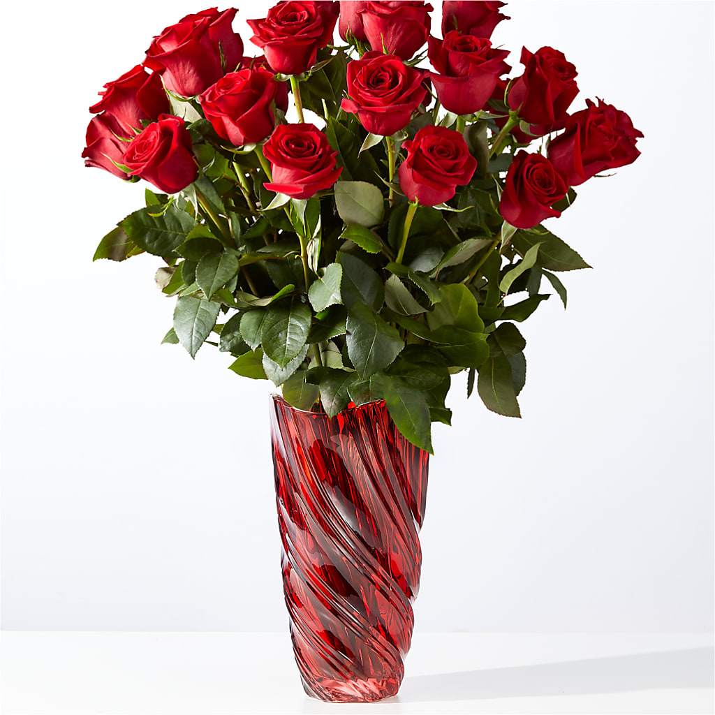 Classic Love Red Rose Bouquet with Luxe Swirl Vase – Peonies Plants On Main, Woodruff SC