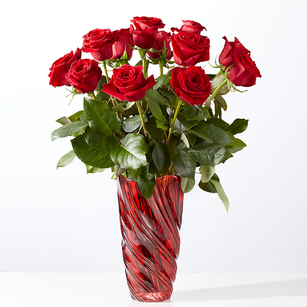 Classic Love Red Rose Bouquet with Luxe Swirl Vase – Peonies Plants On Main, Woodruff SC
