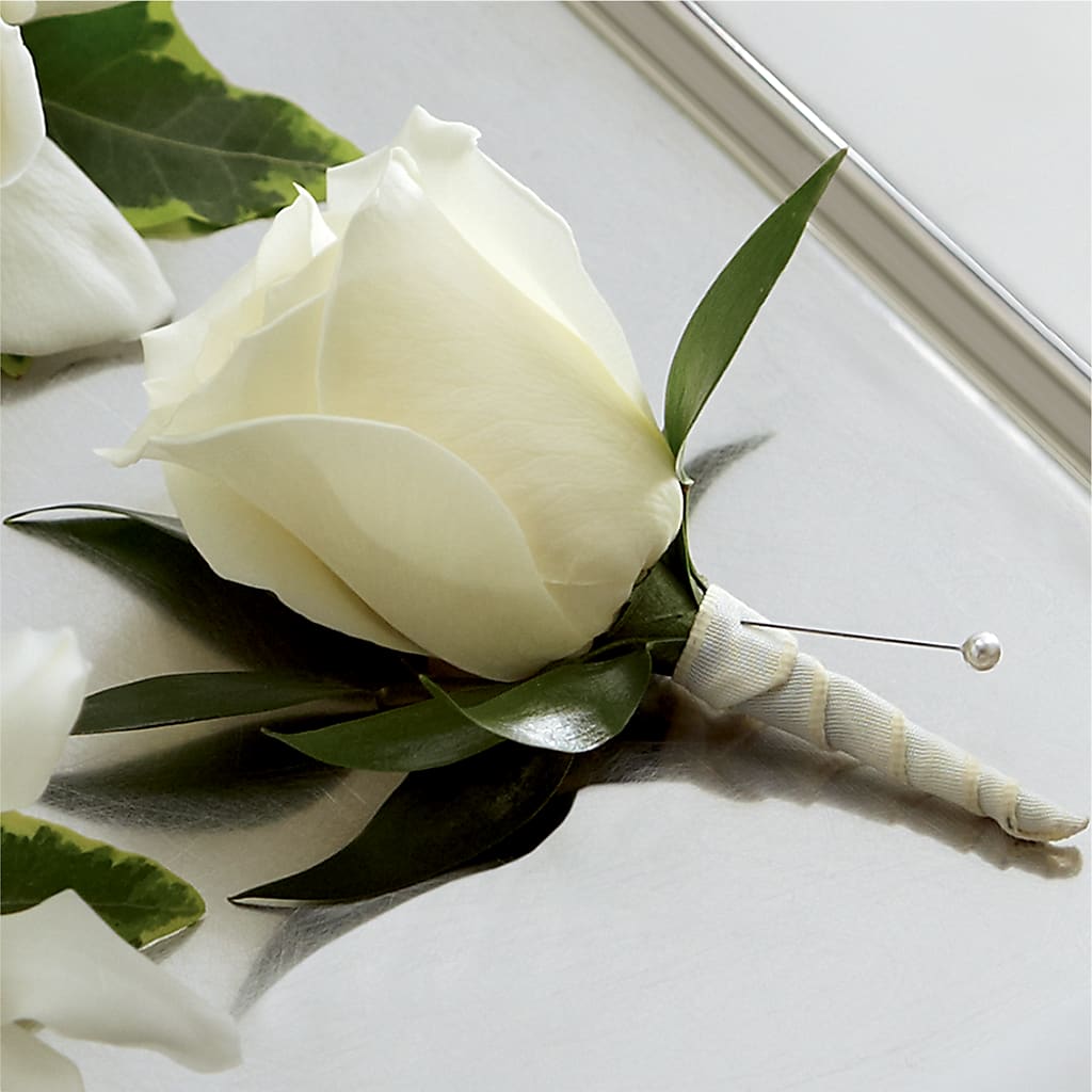 White Rose Boutonniere – Peonies Plants On Main, Woodruff SC
